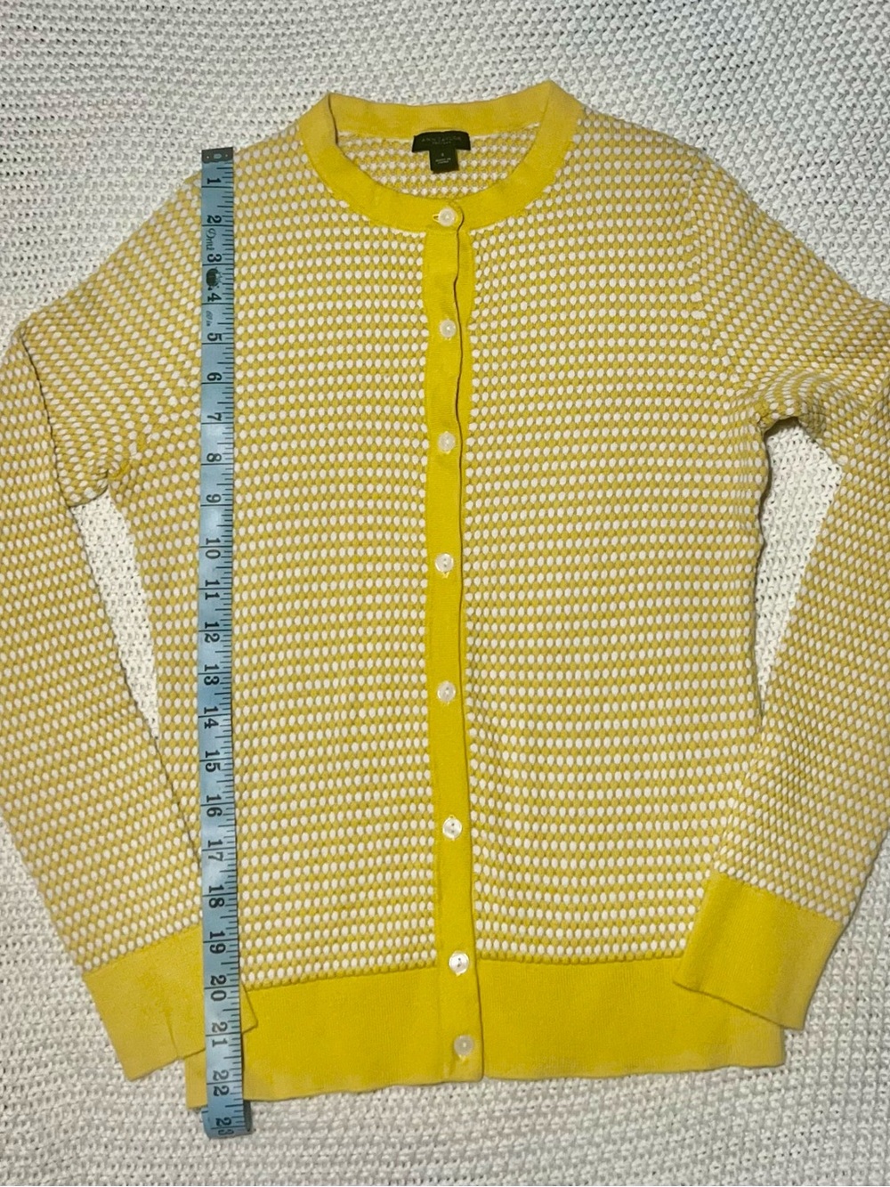 Ann Taylor Yellow and White Dot-Pattern Crewneck Cardigan - Picture 3 of 4